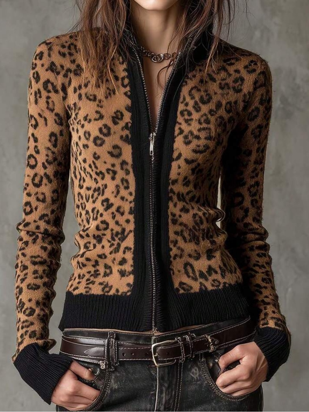 Women's Contrast Color Leopard Print Stand Collar Zipper Long Sleeve Autumn/Wint